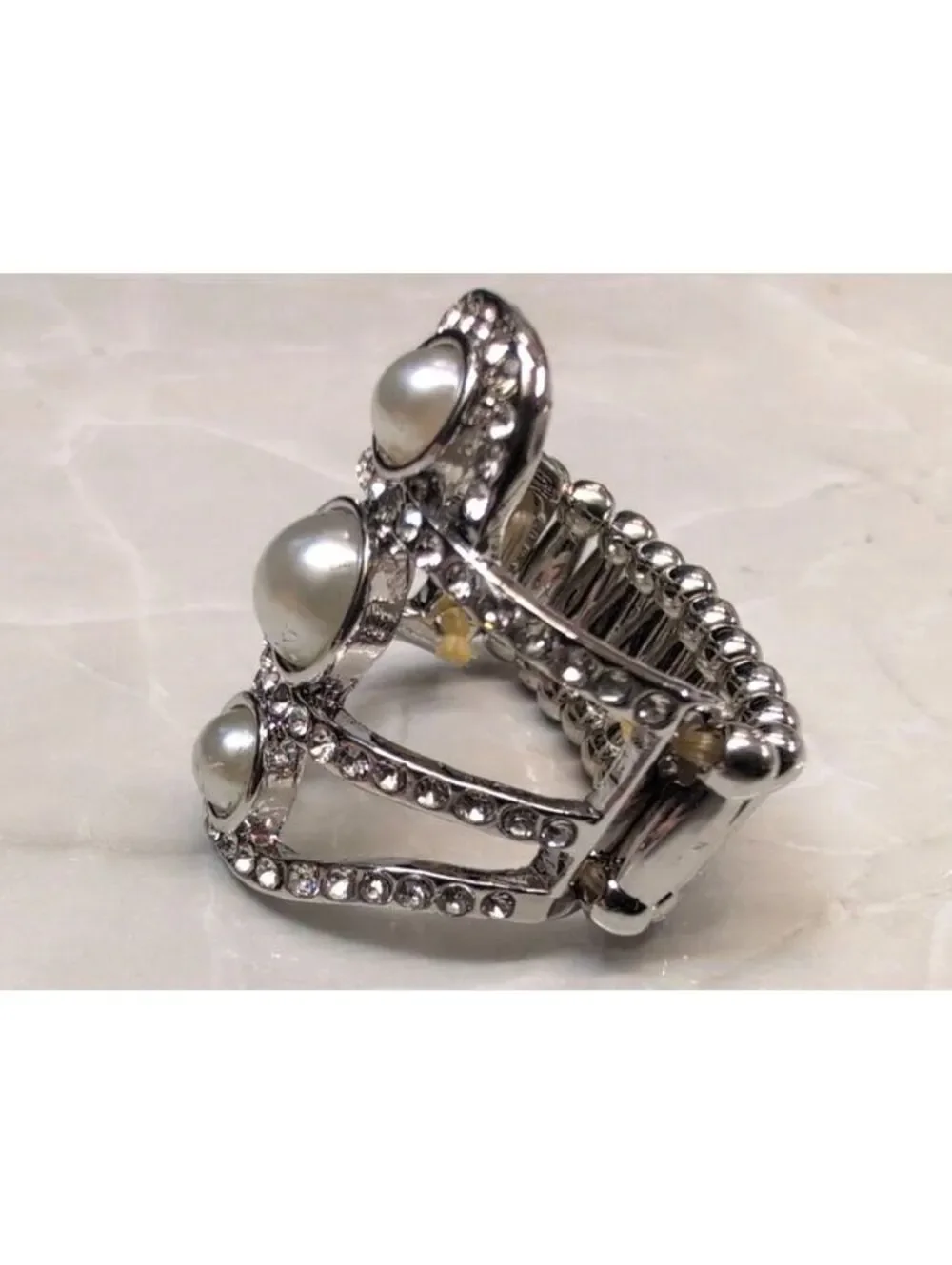 New Adjustable Silver Tone Faux Pearl Accent Stretch Ring Rhinestones Wedding
